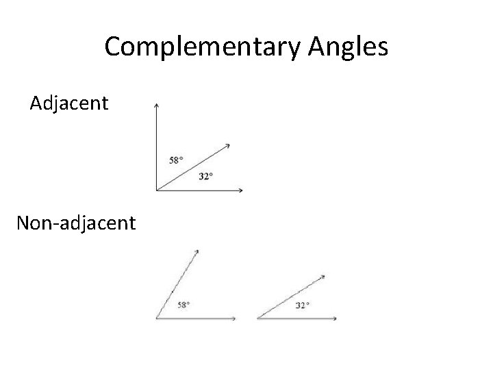 Complementary Angles Adjacent Non-adjacent 