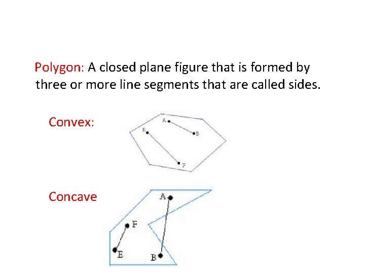 Polygon: A closed plane figure that is formed by three or more line segments