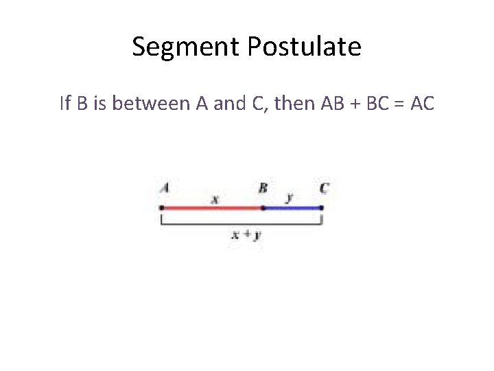 Segment Postulate If B is between A and C, then AB + BC =