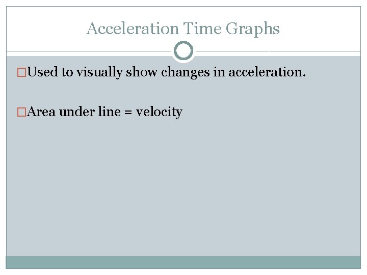 Acceleration Time Graphs �Used to visually show changes in acceleration. �Area under line = Acceleration Time Graphs �Used to visually show changes in acceleration. �Area under line =