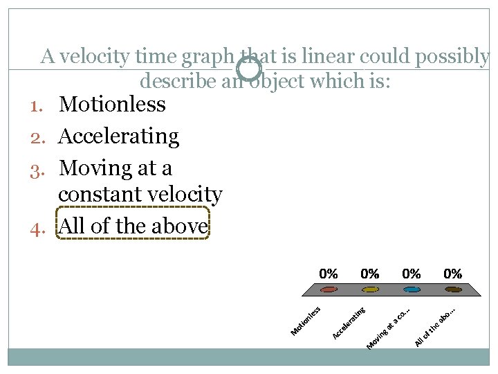 A velocity time graph that is linear could possibly describe an object which is: A velocity time graph that is linear could possibly describe an object which is: