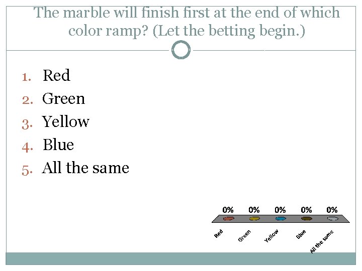 The marble will finish first at the end of which color ramp? (Let the The marble will finish first at the end of which color ramp? (Let the