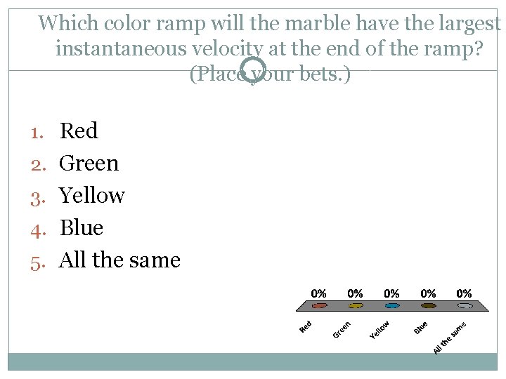 Which color ramp will the marble have the largest instantaneous velocity at the end Which color ramp will the marble have the largest instantaneous velocity at the end