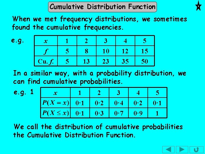Cumulative Distribution Function When we met frequency distributions, we sometimes found the cumulative frequencies. Cumulative Distribution Function When we met frequency distributions, we sometimes found the cumulative frequencies.