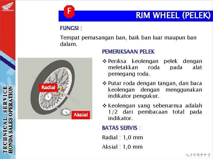 F RIM WHEEL (PELEK) FUNGSI : Tempat pemasangan ban, baik ban luar maupun ban