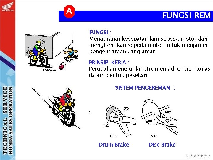 A FUNGSI REM FUNGSI : Mengurangi kecepatan laju sepeda motor dan menghentikan sepeda motor