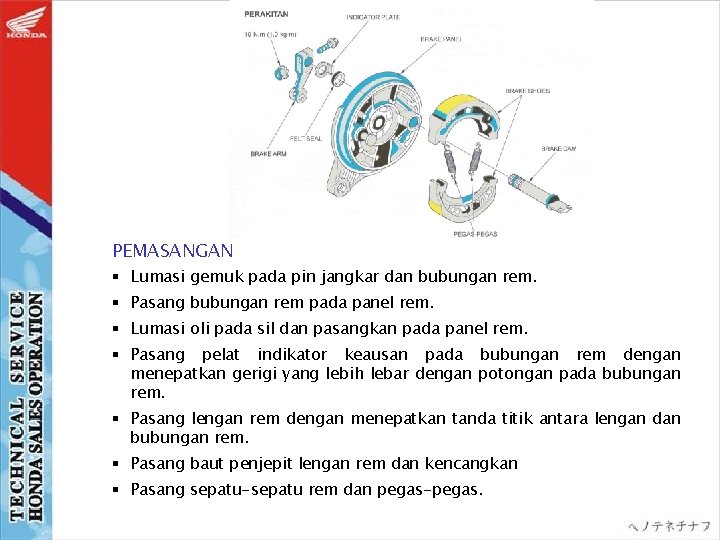 PEMASANGAN § Lumasi gemuk pada pin jangkar dan bubungan rem. § Pasang bubungan rem