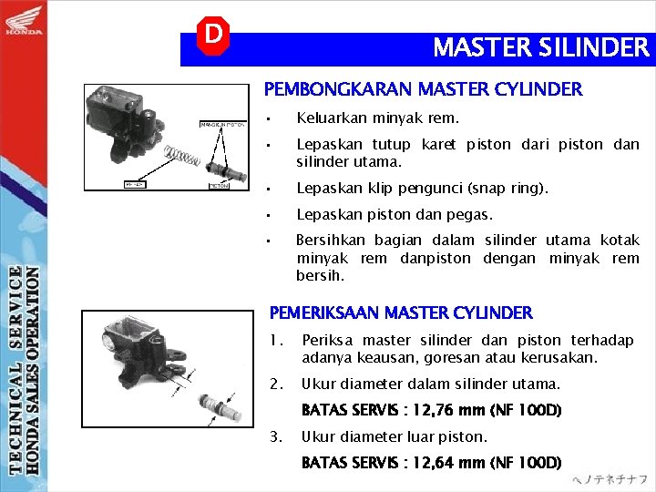 D MASTER SILINDER PEMBONGKARAN MASTER CYLINDER • Keluarkan minyak rem. • Lepaskan tutup karet