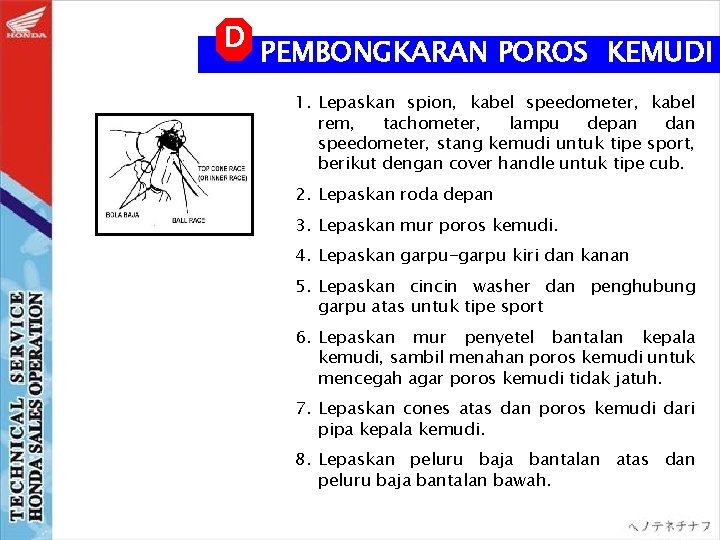 D PEMBONGKARAN POROS KEMUDI 1. Lepaskan spion, kabel speedometer, kabel rem, tachometer, lampu depan