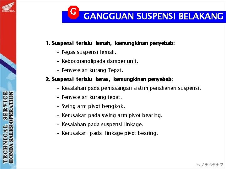 G GANGGUAN SUSPENSI BELAKANG 1. Suspensi terlalu lemah, kemungkinan penyebab: - Pegas suspensi lemah.