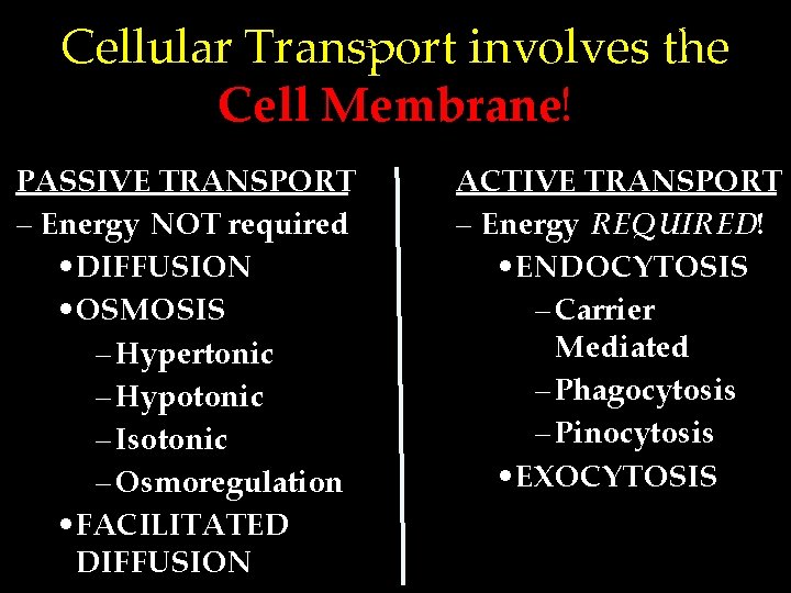 Cellular Transport involves the Cell Membrane! PASSIVE TRANSPORT – Energy NOT required • DIFFUSION Cellular Transport involves the Cell Membrane! PASSIVE TRANSPORT – Energy NOT required • DIFFUSION