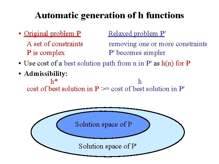 Automatic generation of h functions • Original problem P Relaxed problem P' A set