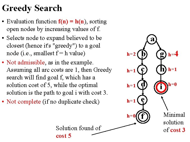 Greedy Search • Evaluation function f(n) = h(n), sorting open nodes by increasing values