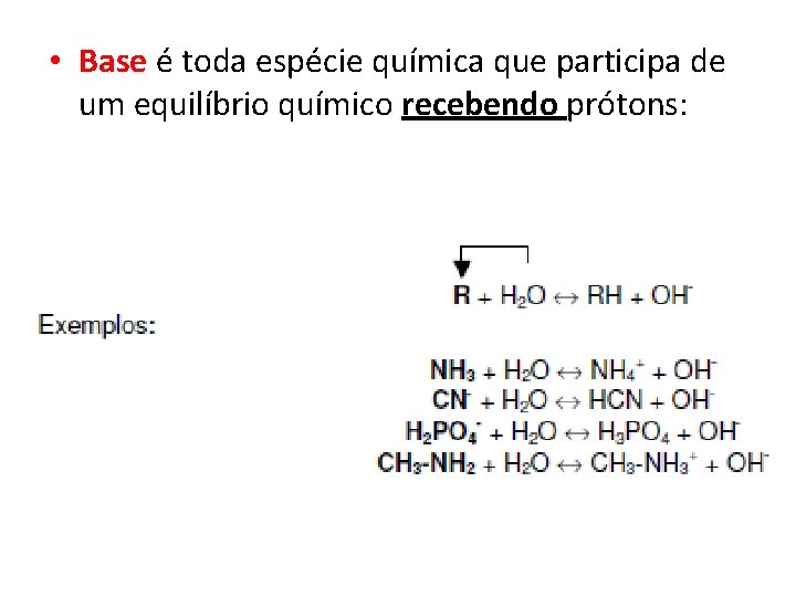  • Base é toda espécie química que participa de um equilíbrio químico recebendo