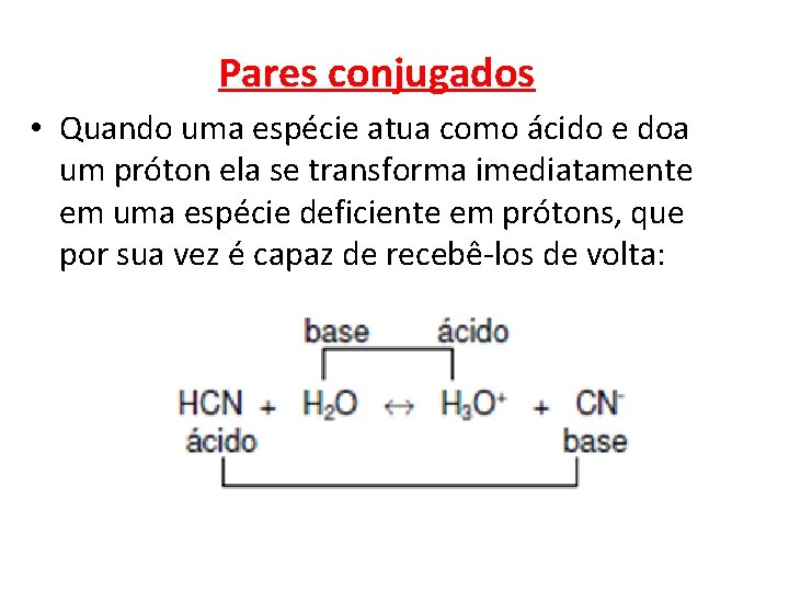 Pares conjugados • Quando uma espécie atua como ácido e doa um próton ela