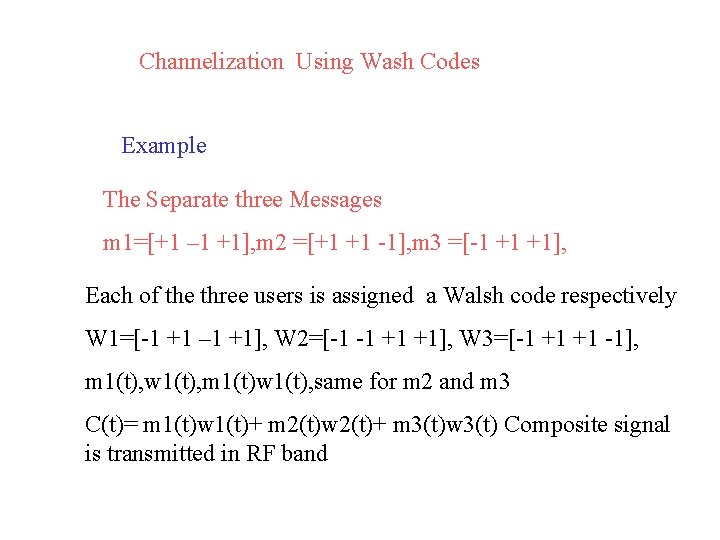 Channelization Using Wash Codes Example The Separate three Messages m 1=[+1 – 1 +1],