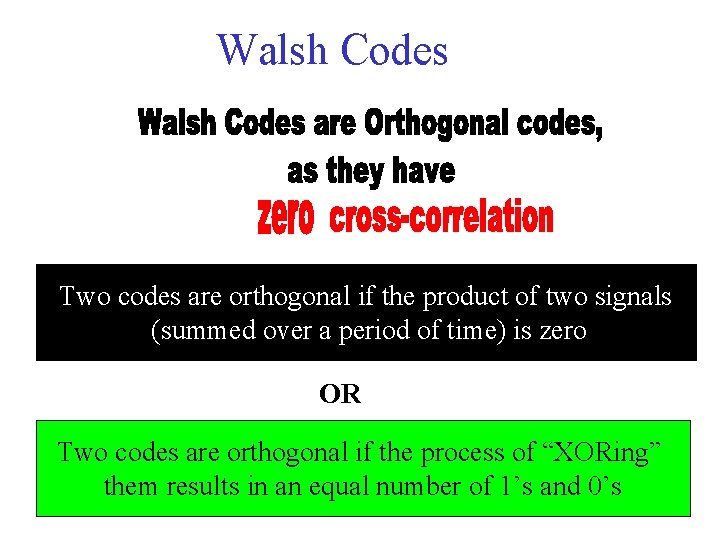Walsh Codes Two codes are orthogonal if the product of two signals (summed over