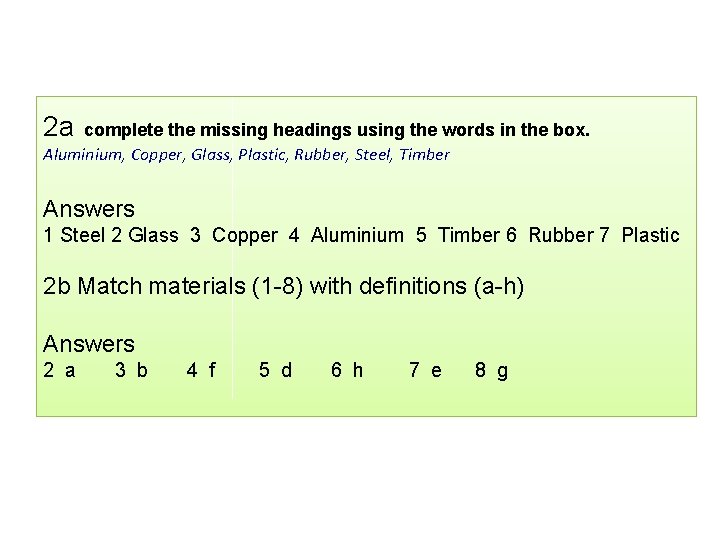 2 a complete the missing headings using the words in the box. Aluminium, Copper,