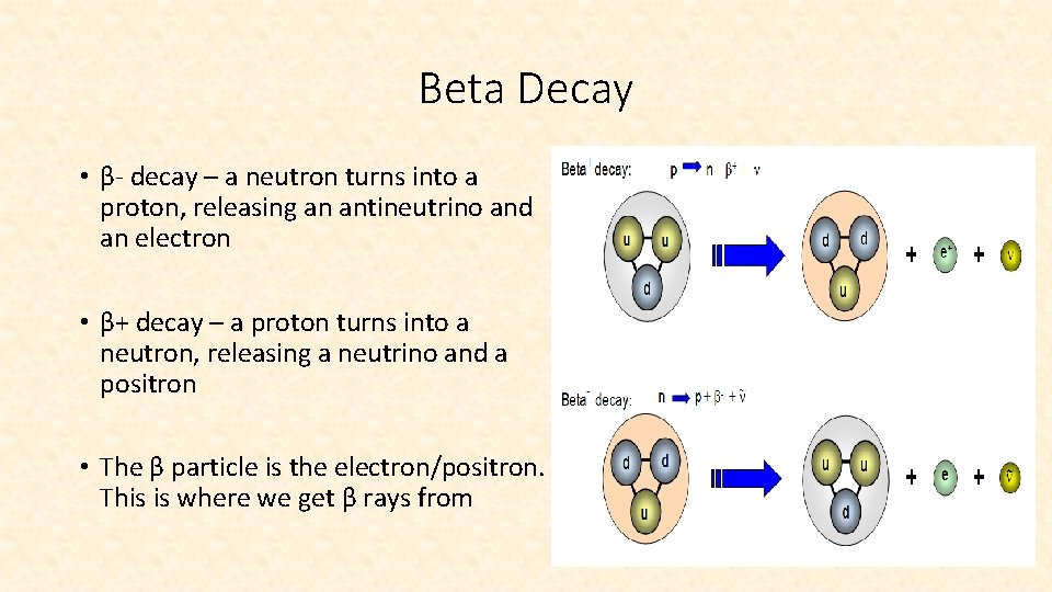 Beta Decay • β- decay – a neutron turns into a proton, releasing an