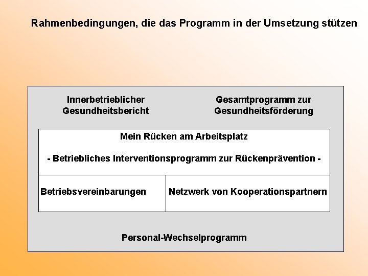 Rahmenbedingungen, die das Programm in der Umsetzung stützen Innerbetrieblicher Gesundheitsbericht Gesamtprogramm zur Gesundheitsförderung Mein