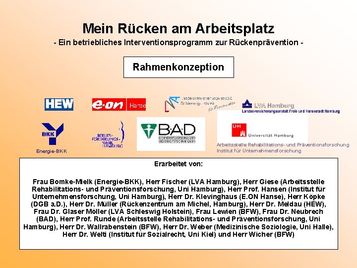 Mein Rücken am Arbeitsplatz - Ein betriebliches Interventionsprogramm zur Rückenprävention - Rahmenkonzeption Arbeitsstelle Rehabilitations-