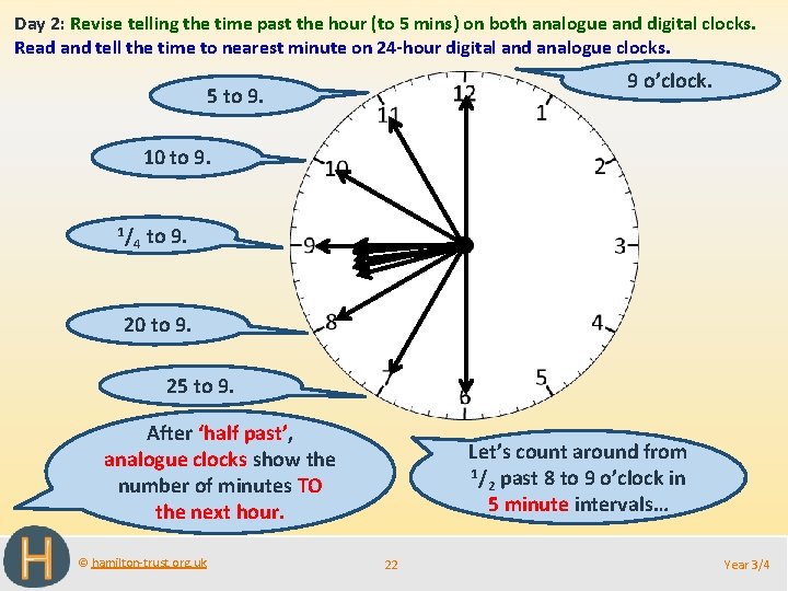 Day 2: Revise telling the time past the hour (to 5 mins) on both