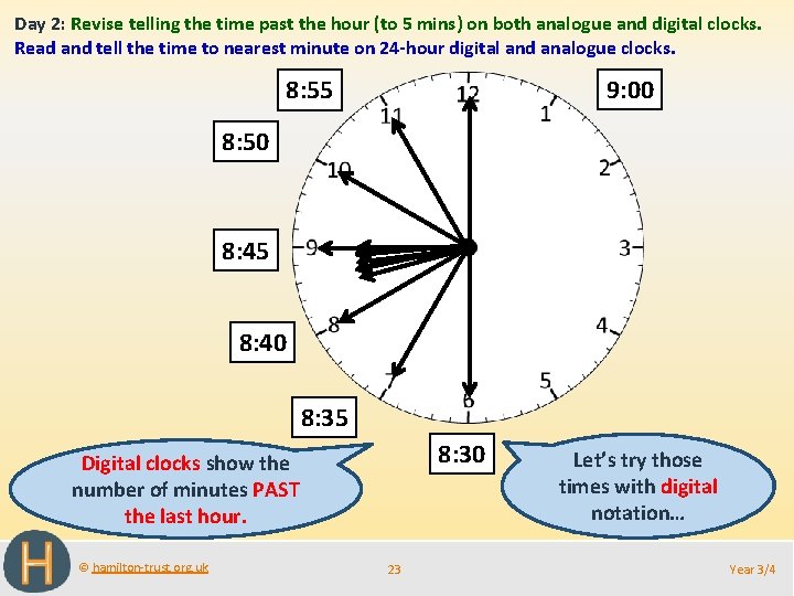Day 2: Revise telling the time past the hour (to 5 mins) on both