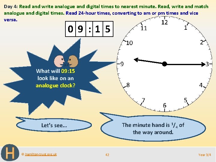 Day 4: Read and write analogue and digital times to nearest minute. Read, write