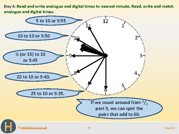 Day 4: Read and write analogue and digital times to nearest minute. Read, write