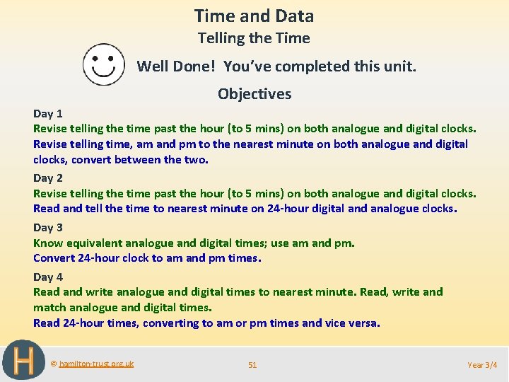 Time and Data Telling the Time Well Done! You’ve completed this unit. Objectives Day