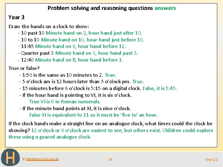 Problem solving and reasoning questions answers Year 3 Draw the hands on a clock