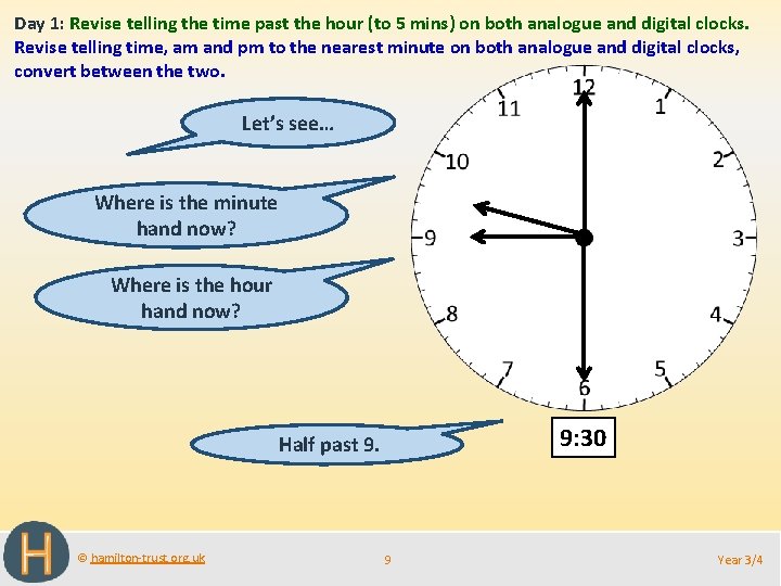 Day 1: Revise telling the time past the hour (to 5 mins) on both