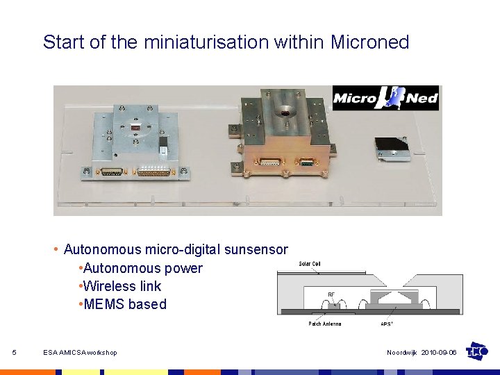 Start of the miniaturisation within Microned • Autonomous micro-digital sunsensor • Autonomous power •