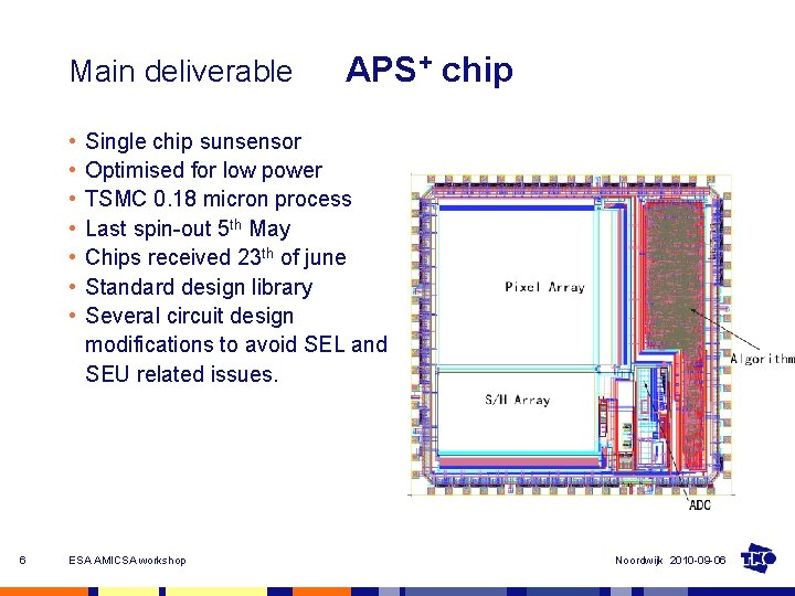Main deliverable • • 6 APS+ chip Single chip sunsensor Optimised for low power