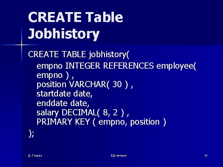 CREATE Table Jobhistory CREATE TABLE jobhistory( empno INTEGER REFERENCES employee( empno ) , position