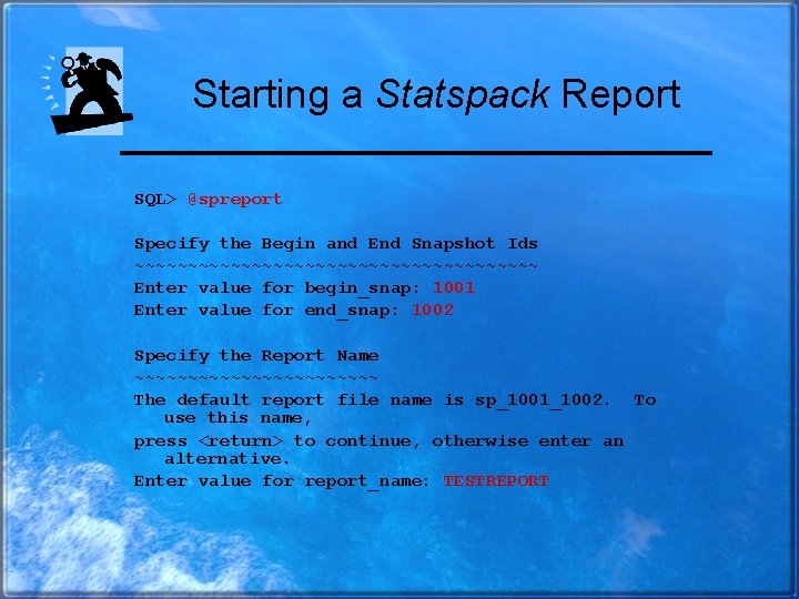 Starting a Statspack Report SQL> @spreport Specify the Begin and End Snapshot Ids ~~~~~~~~~~~~~~~~~~~