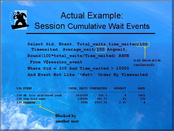 Actual Example: Session Cumulative Wait Events Select Sid, Event, Total_waits, time_waited/100 Timewaited, Average_wait/100 Avgwait,