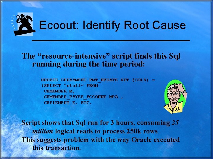 Ecoout: Identify Root Cause The “resource-intensive” script finds this Sql running during the time