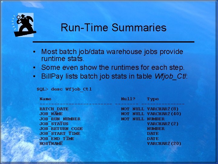 Run-Time Summaries • Most batch job/data warehouse jobs provide runtime stats. • Some even