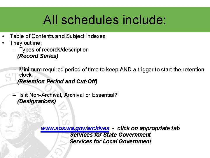 All schedules include: • • Table of Contents and Subject Indexes They outline: –