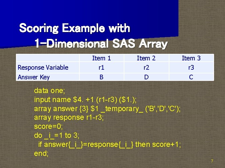 Scoring Example with 1 -Dimensional SAS Array Item 1 Item 2 Item 3 Response Scoring Example with 1 -Dimensional SAS Array Item 1 Item 2 Item 3 Response