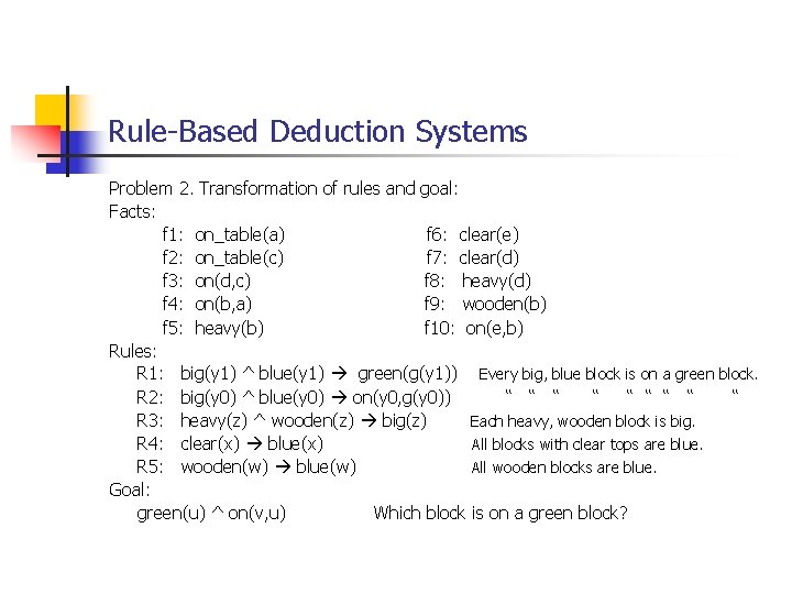 Rule-Based Deduction Systems Problem 2. Transformation of rules and goal: Facts: f 1: on_table(a)