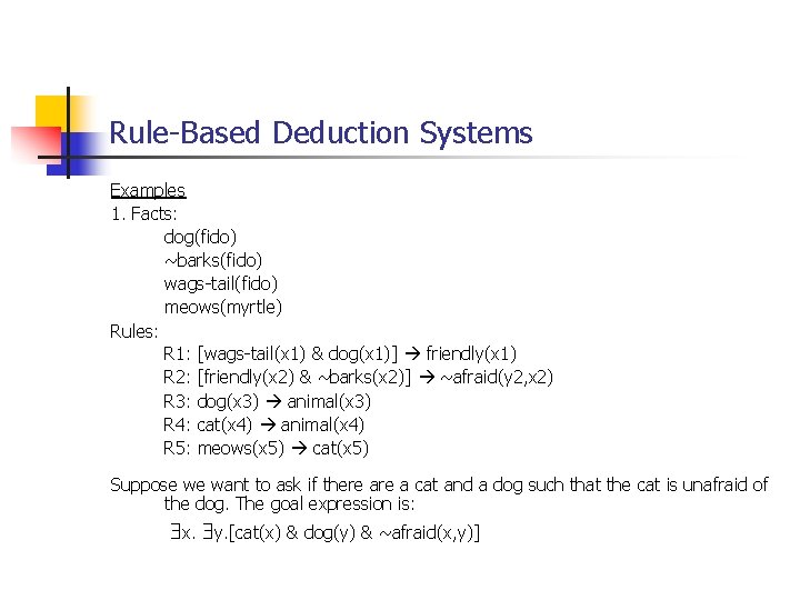 Rule-Based Deduction Systems Examples 1. Facts: dog(fido) ~barks(fido) wags-tail(fido) meows(myrtle) Rules: R 1: [wags-tail(x