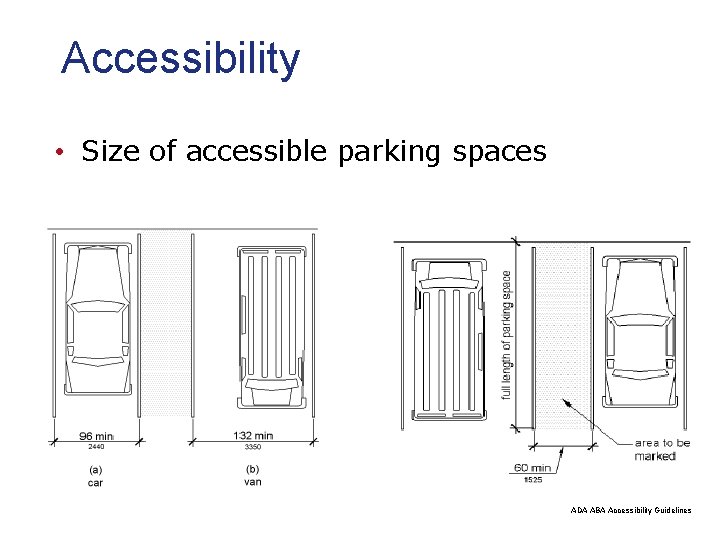 Accessibility • Size of accessible parking spaces ADA ABA Accessibility Guidelines 
