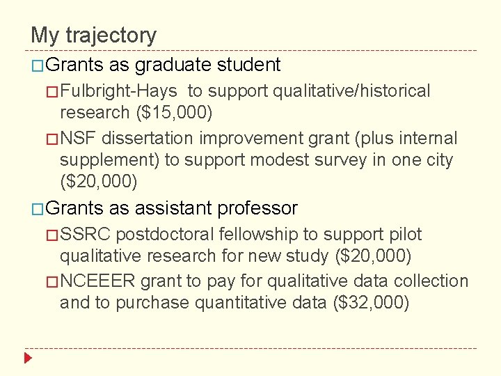 My trajectory �Grants as graduate student � Fulbright-Hays to support qualitative/historical research ($15, 000)