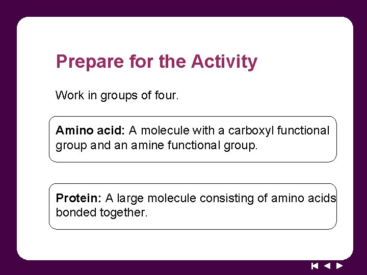 Prepare for the Activity Work in groups of four. Amino acid: A molecule with