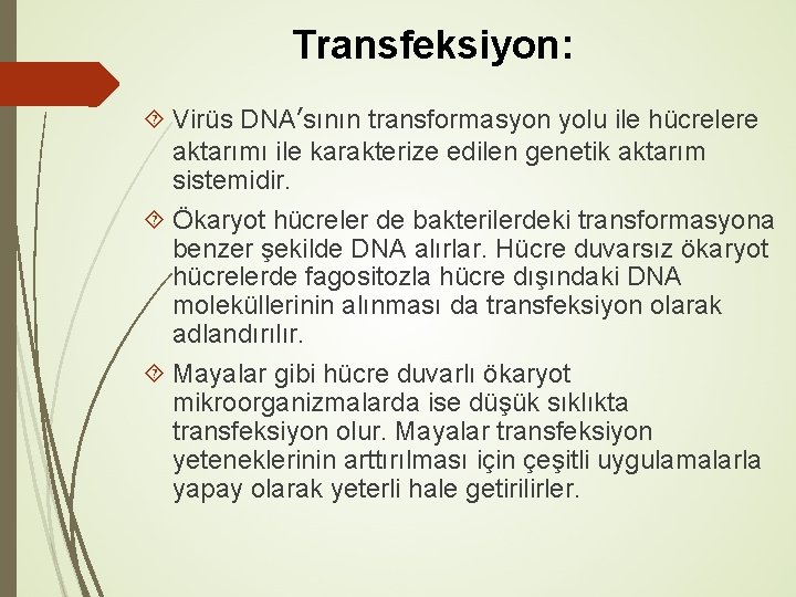 Transfeksiyon: Virüs DNA’sının transformasyon yolu ile hücrelere aktarımı ile karakterize edilen genetik aktarım sistemidir.