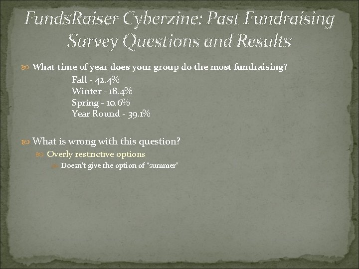 Fund$Raiser Cyberzine: Past Fundraising Survey Questions and Results What time of year does your