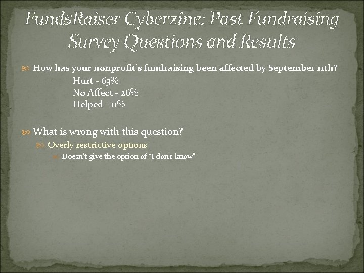 Fund$Raiser Cyberzine: Past Fundraising Survey Questions and Results How has your nonprofit's fundraising been