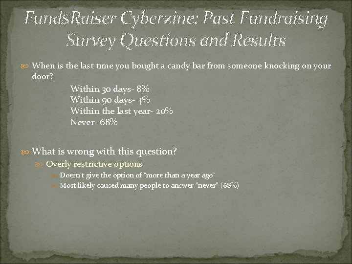 Fund$Raiser Cyberzine: Past Fundraising Survey Questions and Results When is the last time you